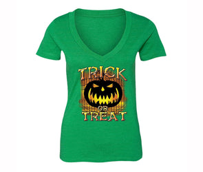 XtraFly Apparel Women's Trick or Treat Bones Halloween Pumpkin V-neck Short Sleeve T-shirt