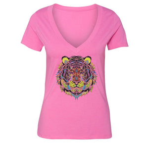 XtraFly Apparel Women's Tiger Pink Tribal Animal V-neck Short Sleeve T-shirt