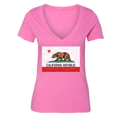 XtraFly Apparel Women's Republic Bear Flag CA California Pride V-neck Short Sleeve T-shirt