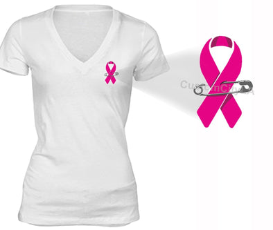 XtraFly Apparel Women's Pocket Pink Ribbon Breast Cancer Ribbon V-neck Short Sleeve T-shirt
