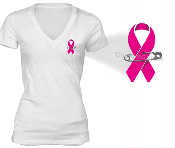 XtraFly Apparel Women's Pocket Pink Ribbon Breast Cancer Ribbon V-neck Short Sleeve T-shirt