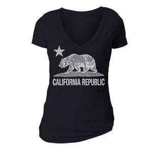 XtraFly Apparel Women's Bear Distressed CA California Pride V-neck Short Sleeve T-shirt