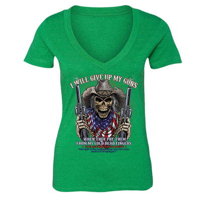 XtraFly Apparel Women's Give up Guns Skull Flag 2nd Amendment V-neck Short Sleeve T-shirt