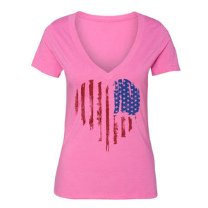 XtraFly Apparel Women's Flag Distressed Heart American Pride V-neck Short Sleeve T-shirt