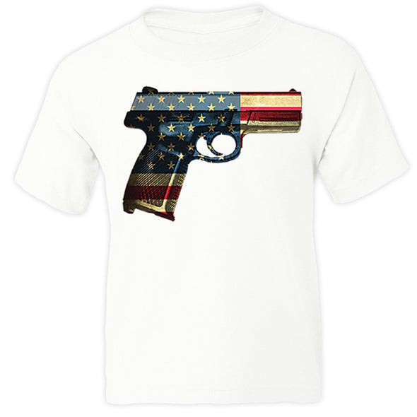 XtraFly Apparel Boys Gun Pistol Flag American Pride Crewneck Short Sleeve T-shirt