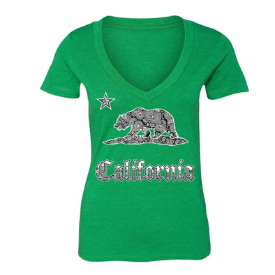 XtraFly Apparel Women's Paisley Bear CA California Pride V-neck Short Sleeve T-shirt