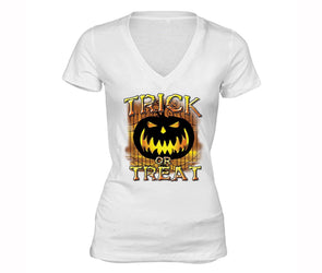 XtraFly Apparel Women's Trick or Treat Bones Halloween Pumpkin V-neck Short Sleeve T-shirt
