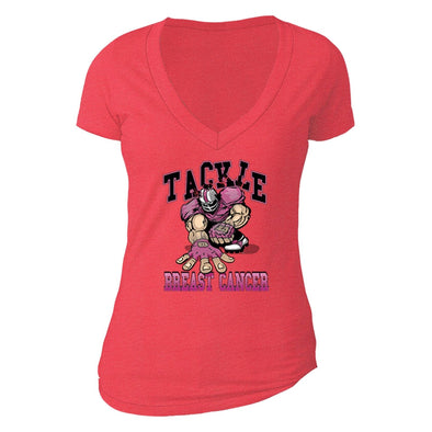 XtraFly Apparel Women's Tackle Pink Player Breast Cancer Ribbon V-neck Short Sleeve T-shirt