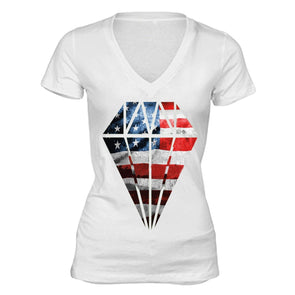 XtraFly Apparel Women's Flag Diamond Crystal American Pride V-neck Short Sleeve T-shirt