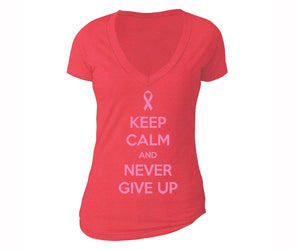 XtraFly Apparel Women's Never Give Up Pink Breast Cancer Ribbon V-neck Short Sleeve T-shirt