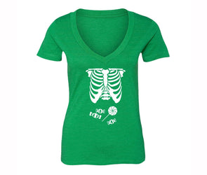 XtraFly Apparel Women's Skeleton Candy Belly Halloween Pumpkin V-neck Short Sleeve T-shirt