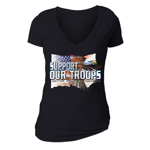 XtraFly Apparel Women's Support Troops Eagle Flag Military Pow Mia V-neck Short Sleeve T-shirt