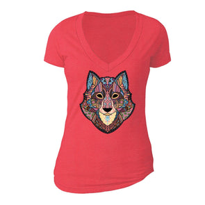 XtraFly Apparel Women's Wolf Pink Tribal Animal V-neck Short Sleeve T-shirt