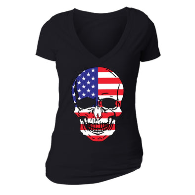XtraFly Apparel Women's Smiling Skull American Pride V-neck Short Sleeve T-shirt