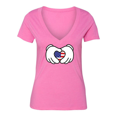XtraFly Apparel Women's Hands Heart Flag American Pride V-neck Short Sleeve T-shirt
