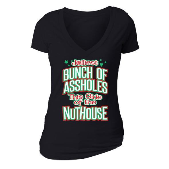 XtraFly Apparel Women's Jolliest Bunch Nuthouse Ugly Christmas V-neck Short Sleeve T-shirt