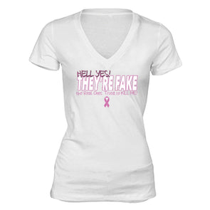 XtraFly Apparel Women's They're Fake Pink Breast Cancer Ribbon V-neck Short Sleeve T-shirt