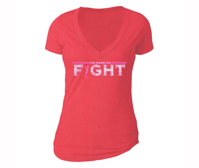 XtraFly Apparel Women's I'm Here to Fight Pink Breast Cancer Ribbon V-neck Short Sleeve T-shirt