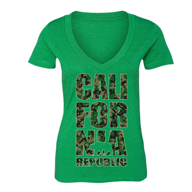 XtraFly Apparel Women's Camo Bear Stacked California Pride V-neck Short Sleeve T-shirt