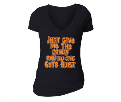 XtraFly Apparel Women's Just Give Me the Candy Halloween Pumpkin V-neck Short Sleeve T-shirt