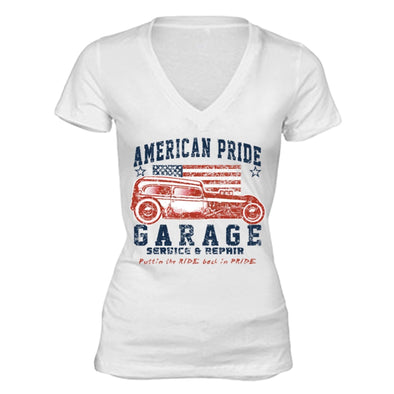 XtraFly Apparel Women's Service Car Garage Flag American Pride V-neck Short Sleeve T-shirt