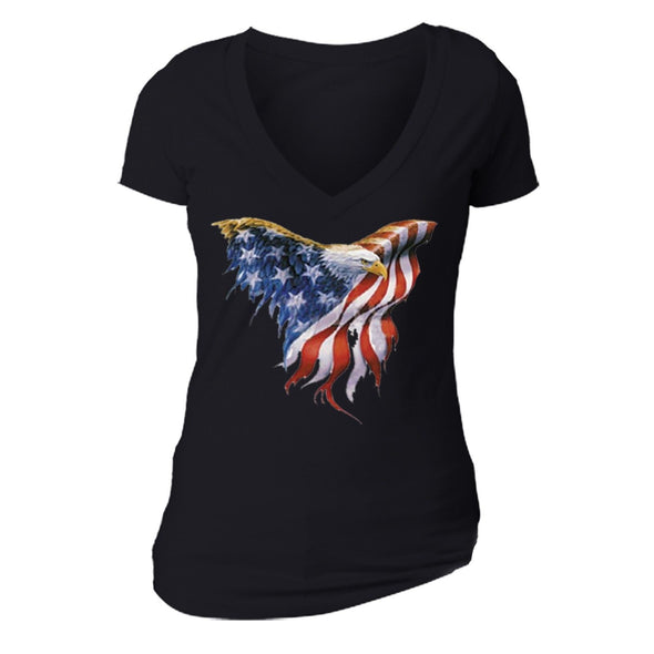 XtraFly Apparel Women's American Flag Distressed 4th of July V-neck Short Sleeve T-shirt