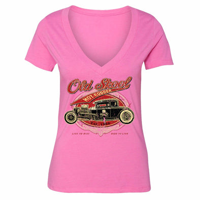 XtraFly Apparel Women's Old Skool Hot Rodder Car Truck Garage V-neck Short Sleeve T-shirt