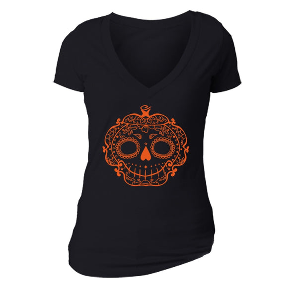 XtraFly Apparel Women's Spooky Sugarskull Halloween Pumpkin V-neck Short Sleeve T-shirt