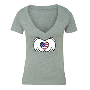 XtraFly Apparel Women's Hands Heart Flag American Pride V-neck Short Sleeve T-shirt