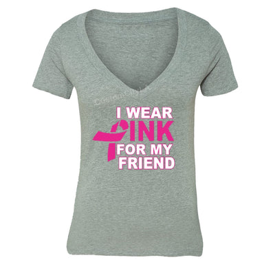 XtraFly Apparel Women's I Wear Pink Friend Breast Cancer Ribbon V-neck Short Sleeve T-shirt