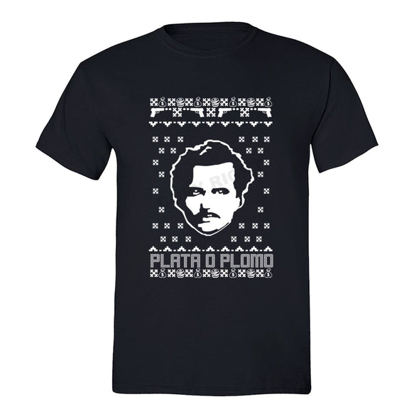 XtraFly Apparel Men's Plata O Plomo Pablo Escobar Ugly Christmas Crewneck Short Sleeve T-shirt