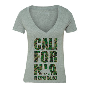 XtraFly Apparel Women's Camo Bear Stacked California Pride V-neck Short Sleeve T-shirt