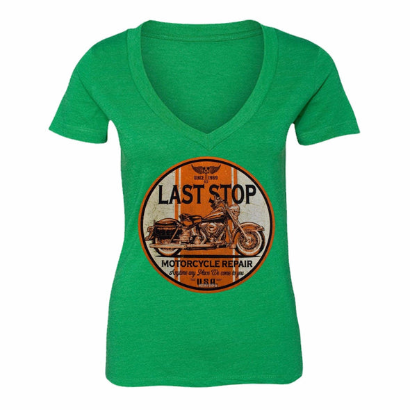 XtraFly Apparel Women's Last Stop Repair Biker Motorcycle V-neck Short Sleeve T-shirt