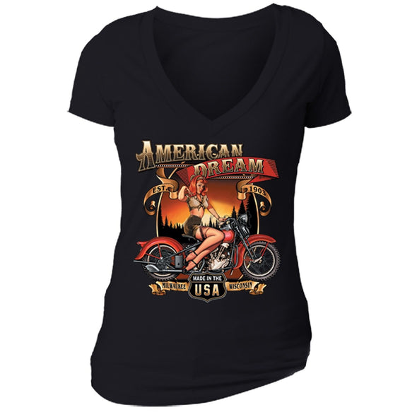 XtraFly Apparel Women's American Dream Milwauke Biker Motorcycle V-neck Short Sleeve T-shirt