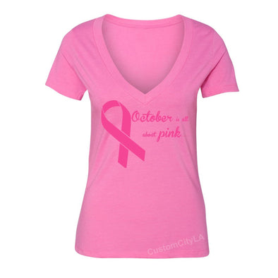 XtraFly Apparel Women's October All About Pink Breast Cancer Ribbon V-neck Short Sleeve T-shirt