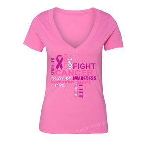 XtraFly Apparel Women's Courage Fight Hope Breast Cancer Ribbon V-neck Short Sleeve T-shirt