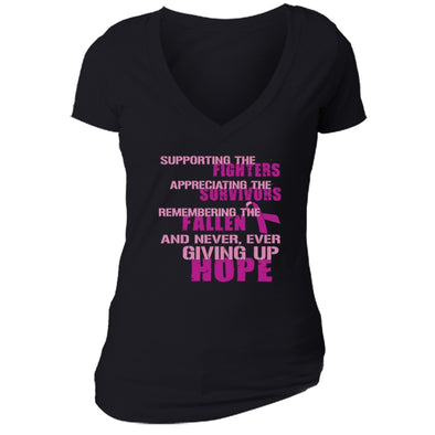XtraFly Apparel Women's Supporting Fighters Breast Cancer Ribbon V-neck Short Sleeve T-shirt