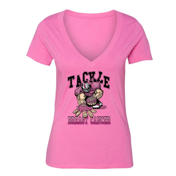 XtraFly Apparel Women's Tackle Pink Player Breast Cancer Ribbon V-neck Short Sleeve T-shirt