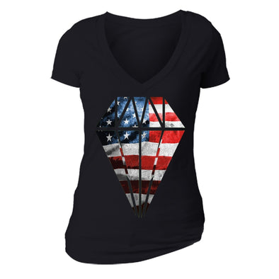 XtraFly Apparel Women's Flag Diamond Crystal American Pride V-neck Short Sleeve T-shirt