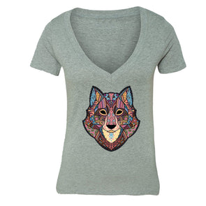 XtraFly Apparel Women's Wolf Pink Tribal Animal V-neck Short Sleeve T-shirt