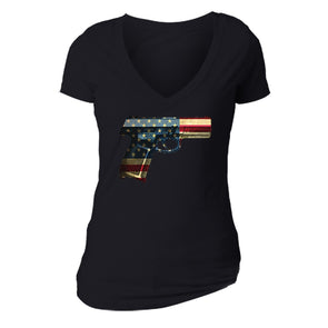 XtraFly Apparel Women's Gun Pistol Flag American Pride V-neck Short Sleeve T-shirt