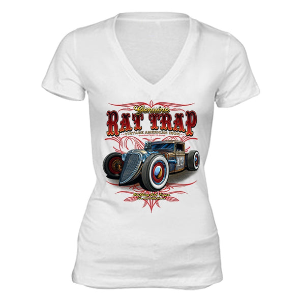 XtraFly Apparel Women's Genuine Rat Trap American Car Truck Garage V-neck Short Sleeve T-shirt