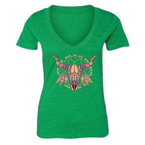 XtraFly Apparel Women's Cow Skull Dreamcatcher Pink Tribal Animal V-neck Short Sleeve T-shirt