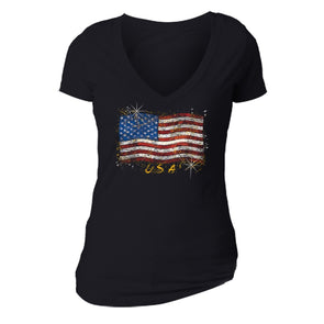 XtraFly Apparel Women's Wavy Flag USA American Pride V-neck Short Sleeve T-shirt