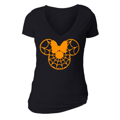 XtraFly Apparel Women's Spider-Web Face Halloween Pumpkin V-neck Short Sleeve T-shirt