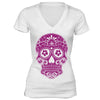 XtraFly Apparel Women's Pink Sugarskull Muerte Skulls Day Of Dead V-neck Short Sleeve T-shirt