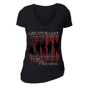 XtraFly Apparel Women's Greater Love USA Military Pow Mia V-neck Short Sleeve T-shirt