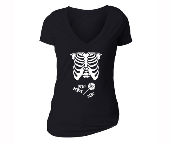 XtraFly Apparel Women's Skeleton Candy Belly Halloween Pumpkin V-neck Short Sleeve T-shirt