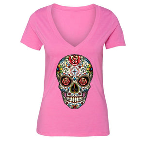 XtraFly Apparel Women's Muerte Cross Sugarskull Skulls Day Of Dead V-neck Short Sleeve T-shirt