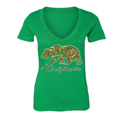 XtraFly Apparel Women's Paisley Brown Bear CA California Pride V-neck Short Sleeve T-shirt